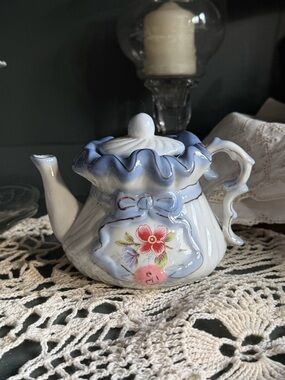 Blue and White Floral Porcelain Teapot Accent - Decorative Home Art